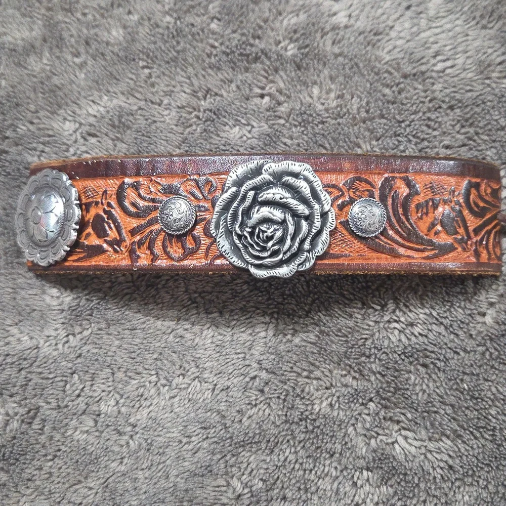Brown Leather Bracelet Silver Conchos Rose Accent Southwestern Boho Artsy